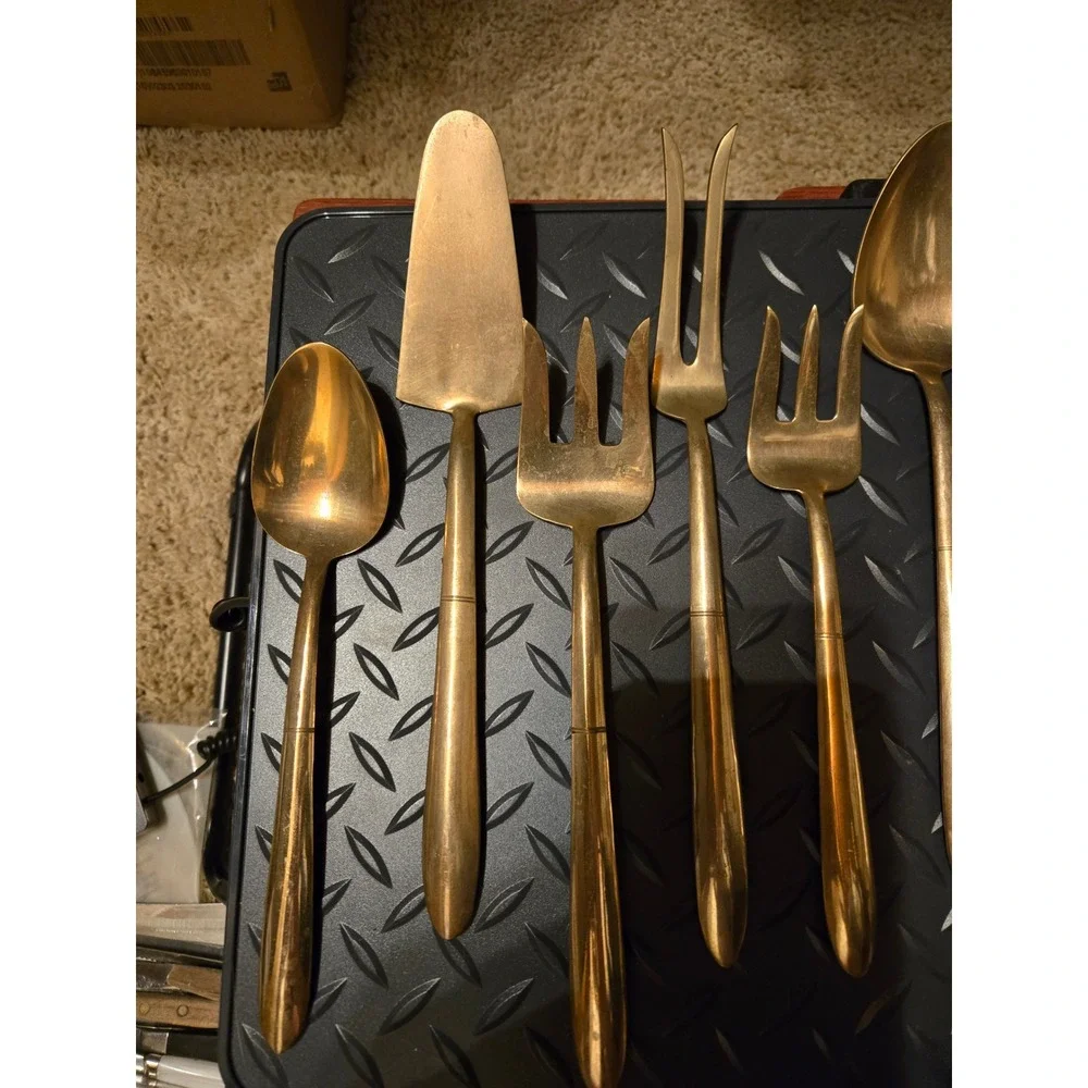 Vintage Bronze Brass Tone 9 Piece Serving Set Mid Century Flatware Utensils